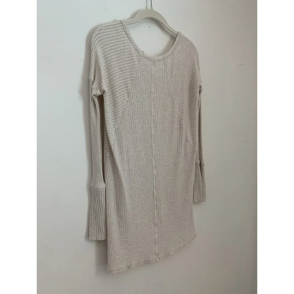 Free People‎ Sz S Ventura Pullover Beige Thermal Waffle Loose Cozy Soft Lounge